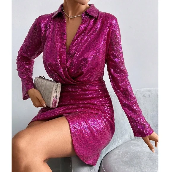 Luxe Hot Pink Sequin Long Sleeve High Waisted Ruched Party Evening Dress - Picture 4 of 5